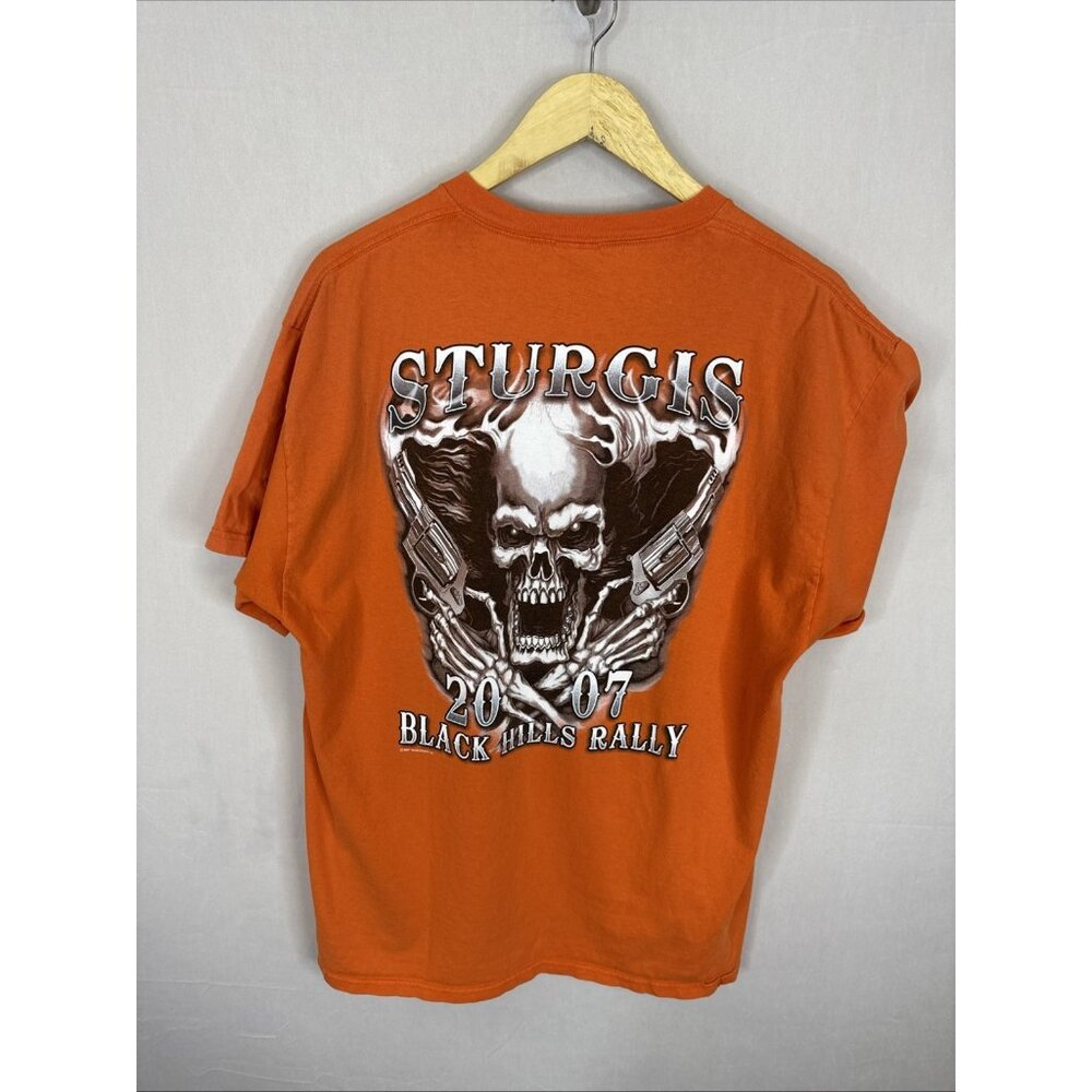 Vintage 2007 Sturgis Black Hills Rally Skull T Shirt Orange‎ Delta Pro Weight L